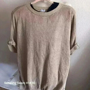 Women's Chicos Caviar Trim Sweater Tee Size M Neutral Minimalist Linen Cotten